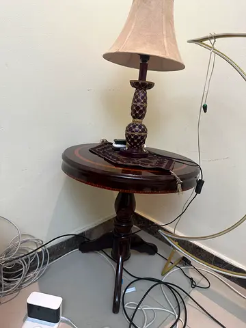 Wooden side table with attached lamp - good condition