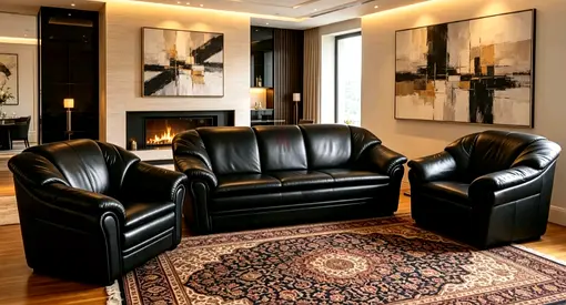 Black leather 3-piece sofa set — 3-seater + 2 armchairs, good condition