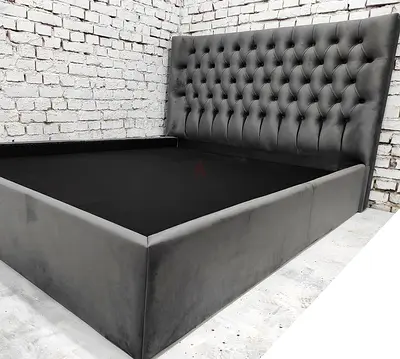 Grey Velvet King Size Bed Frame with Tufted Headboard