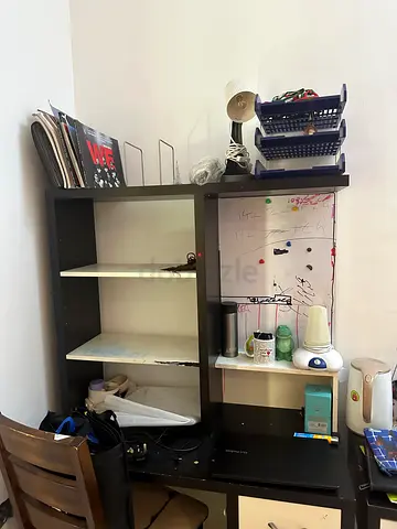 Used dark brown shelving unit with whiteboard back - sturdy storage