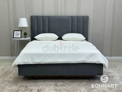 Gray Upholstered Double Bed with Vertical Channel Headboard
