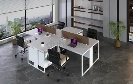 White Four Person L Shape Workstation With Center Acoustic Partition