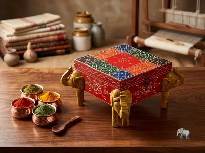 Hand-painted Wooden Decorative Box with Elephant Legs - Small Storage Trunk