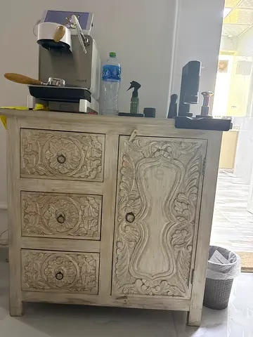 Solid wood coffee bar hand carved sideboard, Indian cabinet, Rustic distressed coffee station marina