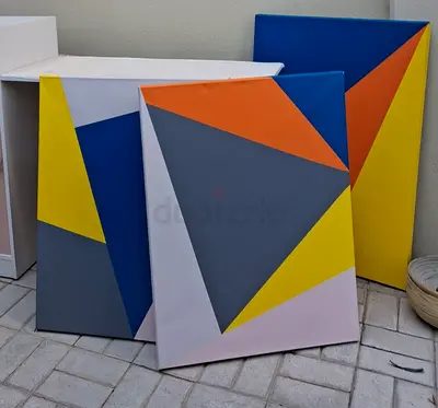 Set of 3 Modern Geometric Canvas Paintings - Bright Color Blocks