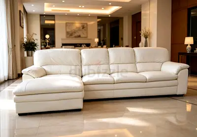 White Leather L-Shaped Sofa with Chaise - Comfortable 4-Seater