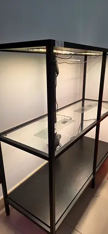 IKEA metal and glass shelving unit - black frame, 3-tier 200aed including the grow light