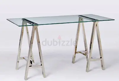 West Elm Glass Top Desk with Chrome Sawhorse Legs - Modern Office Table
