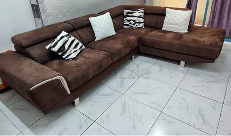 Brown L-shaped Fabric Sofa with Chaise and Cushions