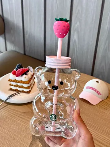 Starbucks Bear-Shaped Glass Bottle with Decorative Straw - Good Condition