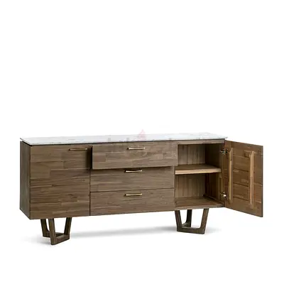Modern Wooden Sideboard with Marble Top and Brass Handles