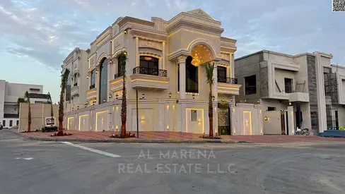 Luxury corner villa in Al-Haliyo 2 with a modern design, spacious areas, and a price that includes registration and ownership fees. Freehold ownership