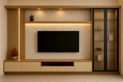 Modern wall-mounted entertainment unit with glass display cabinet