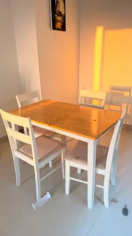 Solid Wood Dining Table with 4 Chairs - Light Oak Top, White Frame