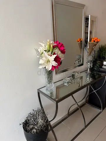 Glass Console Table with Mirror and Decorative Accents - Good Condition