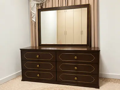 Dark Wood 6-Drawer Dresser with Large Mirror and 2 Side Table