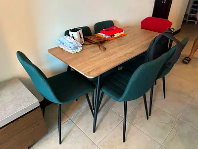 Wood Top Dining Table with 6 Green Upholstered Chairs - Good Condition