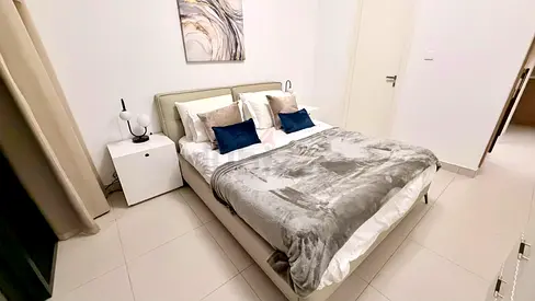 Double bed, high quality headboard bedside table - modern, good condition- home centre