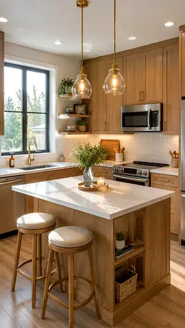 Light Wood Kitchen Island with Marble Top and Two Stools