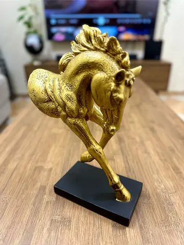 Gold Finish Running Horse Statue on Black Base - Decorative Collectible