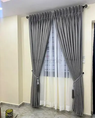 Grey Pleated Blackout Curtains with Sheer Lining - Pair