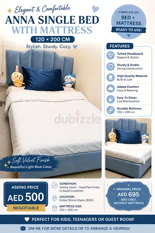 🌟 Like New ANNA Velvet Single Bed + Mattress | 120 × 200 cm | AED 500 🌟