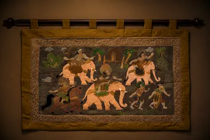 Hand-Embroidered Elephant Tapestry with Traditional Scene without the wooden rod