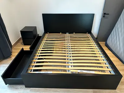 5 Piece Bed Set: Black Queen Storage Bed + 2 Pull-Out Drawers + 2Drawer Nightstand + 6Drawer Dresser