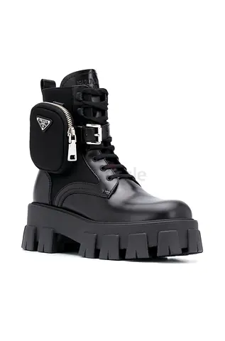 PRADA. Black chunky leather combat boots. 39 Size