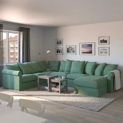 Large L-shaped Green Fabric Sectional Sofa with Chaise