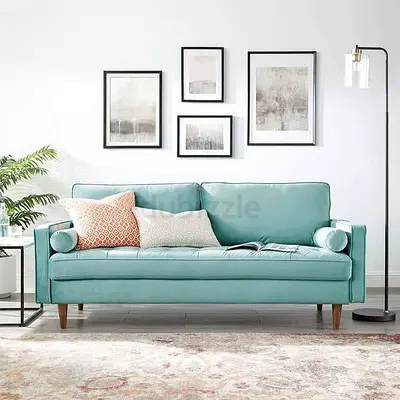 Mint green 3-seater sofa with wooden legs