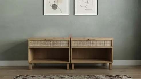 Matching Pair of Light Oak Finished Nightstands with Rattan Detail from Pottery Barn