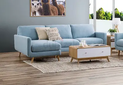 Light Blue Fabric L-Shaped Sofa with Wooden Legs