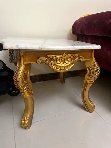 Small Vintage Gold Accent Side Table with Marble Top