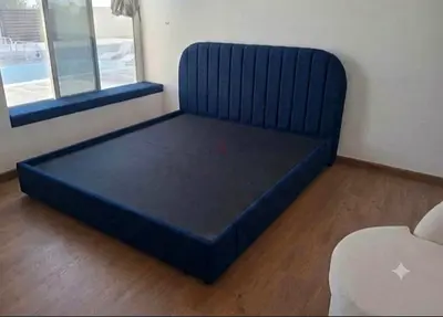 Modern Blue Upholstered Bed Frame with Ribbed Headboard