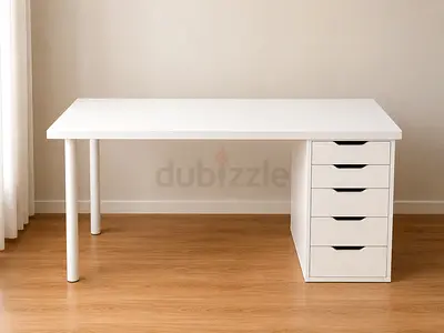 White Minimalist Desk with 5 Drawer Storage Unit