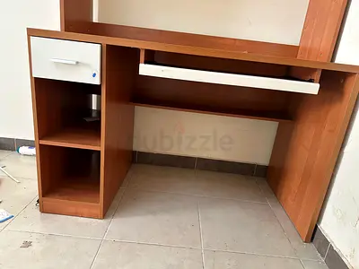 Used wooden computer desk with storage shelf and drawer
