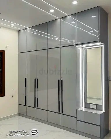 Modern Glossy Grey Wardrobe with Built-in Mirror