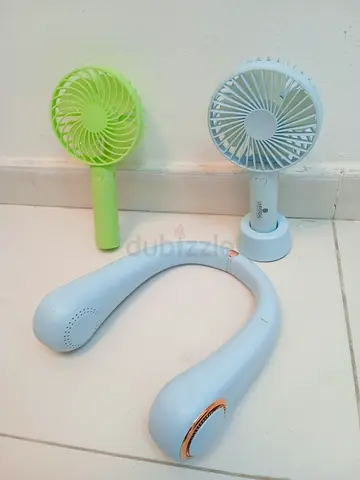 Portable neck fan and two handheld USB fans - light blue  green