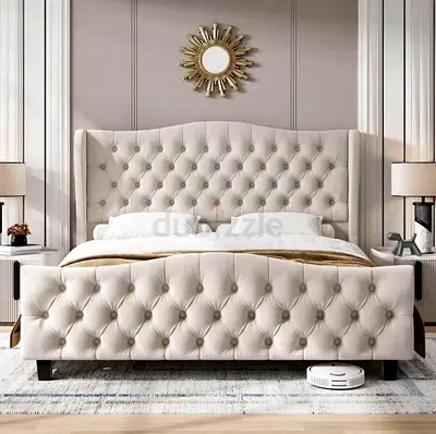 King Size Tufted Fabric Bed with Headboard and Footboard - Cream