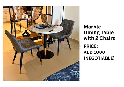 Marble round dining table with 2 upholstered chairs - set of 3