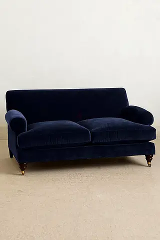 2-seater navy blue velvet sofa, classic rolled arms