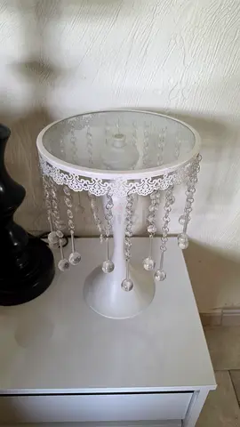 White crystal-bead table lamp with glass shade