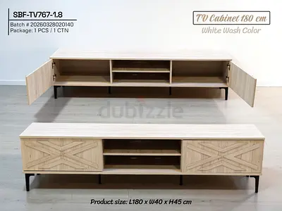 White Wash 180cm TV Cabinet / Media Console - L180 x W40 x H45 cm
