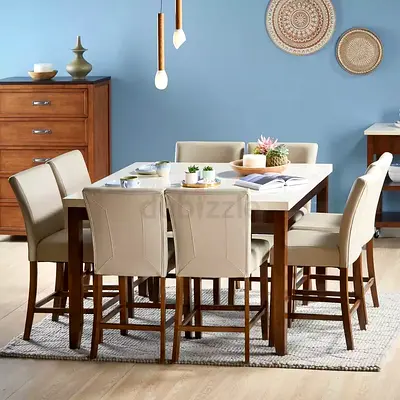 Marble Top Dining Table with Dark Wood Legs - 8 Seater
