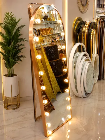 Full-Length Arched Floor Mirror with Bulb Vanity Lights - Rose Gold Frame