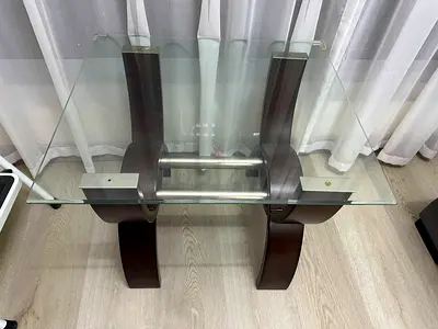 Modern Glass Top Coffee Table with Dark Wood Curved Legs