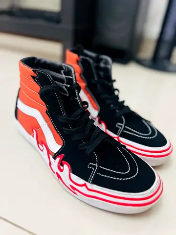 High-top Vans-style sneakers with flame design, size 44