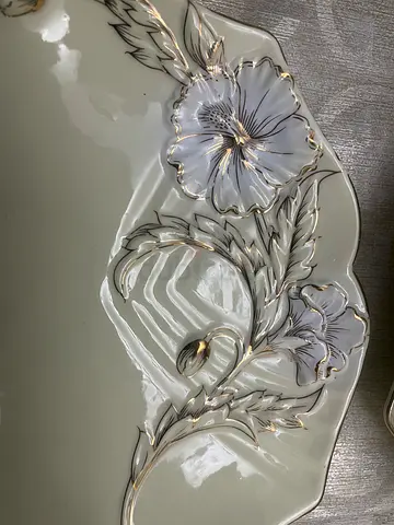 Decorative Porcelain Serving Platter with Gold Trim and Floral Relief