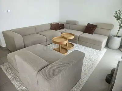 Light beige fully modular corner sofa - modern L-shape, excellent condition - storage in seats.